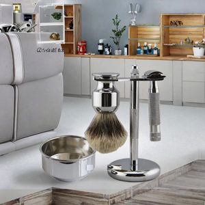 Ensemble de rasoir de sécurité à lame unique non jetable en acier inoxydable avec manche en bois et support pour brosse à raser de salon de coiffure - Product Image 3