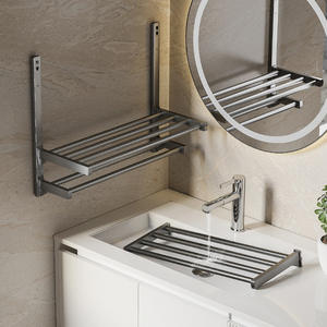 Porte-serviettes de salle de bain moderne autoportant gris anthracite en acier inoxydable à cinq niveaux, sans perçage, avec étagère de toilette amovible, étanche - Product Image 3