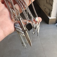 Collier pendentif VAF 24 pouces en acier inoxydable 316L, collection argentée, motifs poignard, éclair, ailes, rose de la boussole, fleur