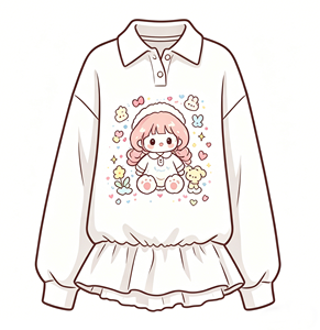 Sudadera de Mujer de Manga Larga con Estampado de Dibujos Animados Kawaii, <span class=keywords><strong>Cuello</strong></span> Tipo <span class=keywords><strong>Polo</strong></span> de Algodón Suave, Cintura Elástica con Volantes y Capucha - Product Image 6