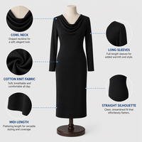 Robe fourreau élégante en maille de rayonne opaque 280 GSM, col drapé, douce et confortable, manches longues, longueur midi, pour femme, personnalisable avec logo OEM