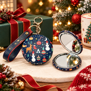 PU Leather Double Sided Makeup <b>Mirror</b> Portable with Keychain, Christmas Cosmetic <b>Mirror</b> for Holiday Gift - Product Image 1