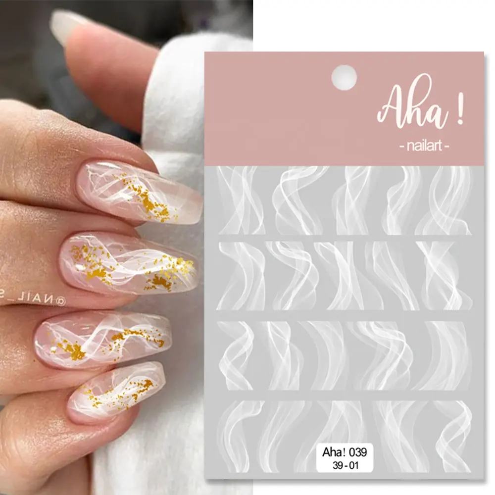 Qianya Aha floraison fumée 3D feuille ongles autocollants blanc Semi-transparent ombrage Nail Art autocollant printemps manucure ongles décalcomanies