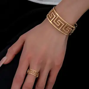 Hot Selling New Simple golden Metal geometry Open Bracelet Ring set for men Women Party Jewelry