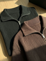 Pull tricoté à col montant et demi-zip pour homme, collection Automne/Hiver 2026 – Style rétro américain décontracté avec capuche
