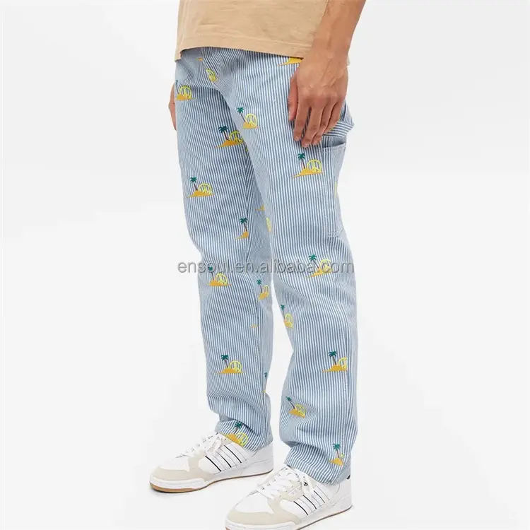 OEM Custom 100% cotton all over full embroider blue and white casual stripes pants for men