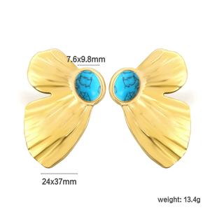 Bijoux fantaisie pour femme, boucles d'oreilles pendantes en acier inoxydable plaqué or 18 carats, motif feuille et fleur, avec perles et turquoise. - Product Image 2