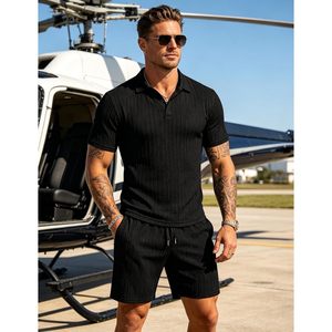 FOXA Mens Polo Shirt And <b>Shorts</b> Set Knitted Breathable Summer Casual Outfit <b>Short</b> Sleeve Twisted Texture Two Piece - Product Image 3