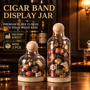 Cloche en verre borosilicate pour collection de bandes de cigares avec base en bois naturel et couvercle sphérique – Vente en gros - Product Image 1