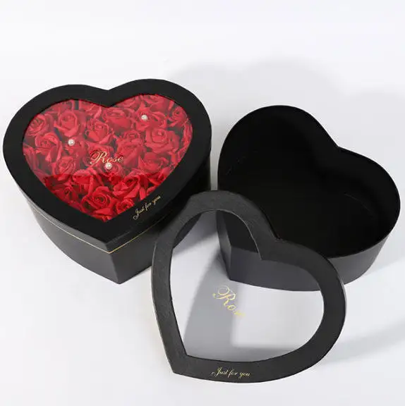 Caja de regalo de flores con forma de corazón, ventana transparente de lujo especial para el Día de San Valentín