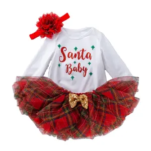 Meu primeiro natal conjunto de meninas, conjunto de outono de bebê recém-nascido, macacão de manga comprida, saia de tutu, tiara da criança, natal, papai noel, roupas de férias