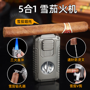 Wholesale 5 1 Three Flame <b>Cigar</b> <b>Lighter</b> V Cutter Metal Windproof Portable Multifunctional Refillable Butane <b>Cigar</b> Accessories - Product Image 2