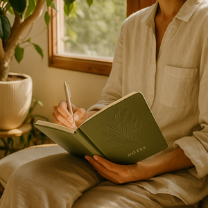 Set de Regalo de Cuaderno Verde Oliva con Diseño de Hoja Grabada, Diario Minimalista de Cuero PU y Bolígrafo Beige en Caja de Regalo - Product Image 4