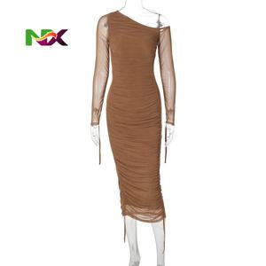 Vestido de Fiesta Ecológico Lavable, Moda de Verano, para Festival o Club, de Malla, con Cuello <span class=keywords><strong>Diagonal</strong></span>, Manga Larga, Drapeado, Sexy, para el Día - Product Image 4