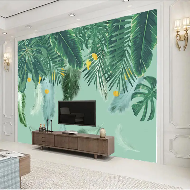 Folha de bananeira floresta tropical nórdica, sofá de estudo, sala de estar, quarto, TV, fundo, parede, mural