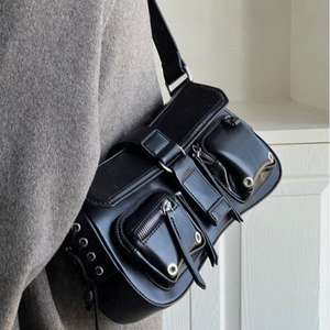 Glossy Leather <b>Motorcycle</b> Style Handbag Multi Compartment Top Handle Crossbody - Product Image 5