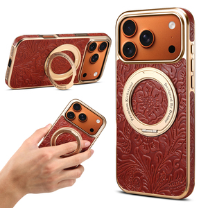 Custodia per telefono Denior in vera pelle stampata elettroplaccata con supporto girevole, compatibile con le serie iPhone 17/16/15/14/13 - Product Image 1