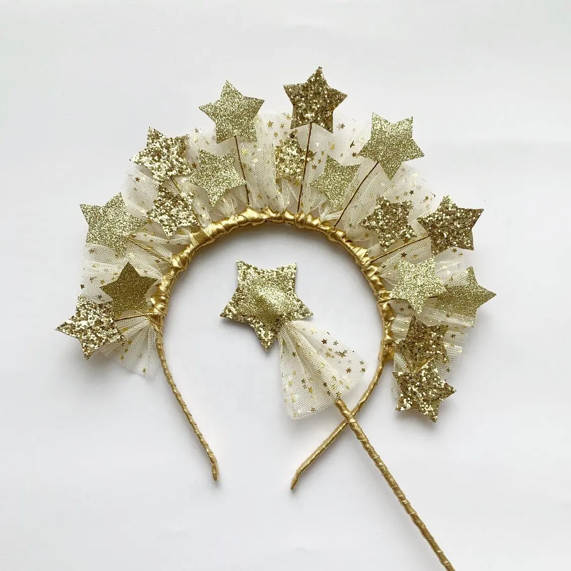 2024 Weihnachtsparty Stern-Feenstäbchen-Set Kopfband Glitzer Sterne Haarband Glitter Gold Spitzenhaarbänder-Set
