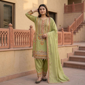 Light <b>Green</b> Heavy Embroidery Heavy Mal Chandari Salwar Kameez Set Traditional Pakistani Indian Outfit Sheer Dupatta for Wedding - Product Image 1