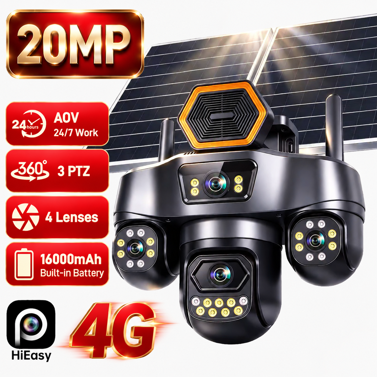 Wistino Outdoor Solar CCTV Camera 4 Lens 4 Screen 4G SIM Solar Powered Security Camera PTZ Night Vision Motion Detection