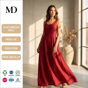 Vestido <span class=keywords><strong>Maxi</strong></span> de Lino Orgánico Rojo Rubí Personalizado |   Fábrica de Ropa Certificada por SEDEX |   Vestido de Lino Rojo OEM ODM, Entrega al por Mayor en 15 Días - Product Image 1