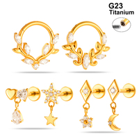Boucles d'oreilles pendantes étoile et lune en titane ASTM F136 Maina, créoles segmentées en zircon, bijoux de piercing tragus à dos plat