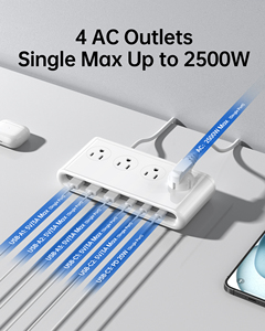 Power Strip With 4 AC Outlets And 6 USB <b>Ports</b> <b>White</b> ABS Extension Socket Standard Grounding - Product Image 6