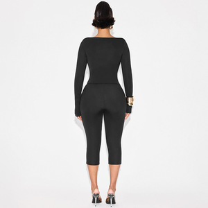 Wanita 2025 musim gugur 2 potong Set Soild lengan panjang atasan Crop celana Capri dua potong Set baju olahraga - Product Image 5