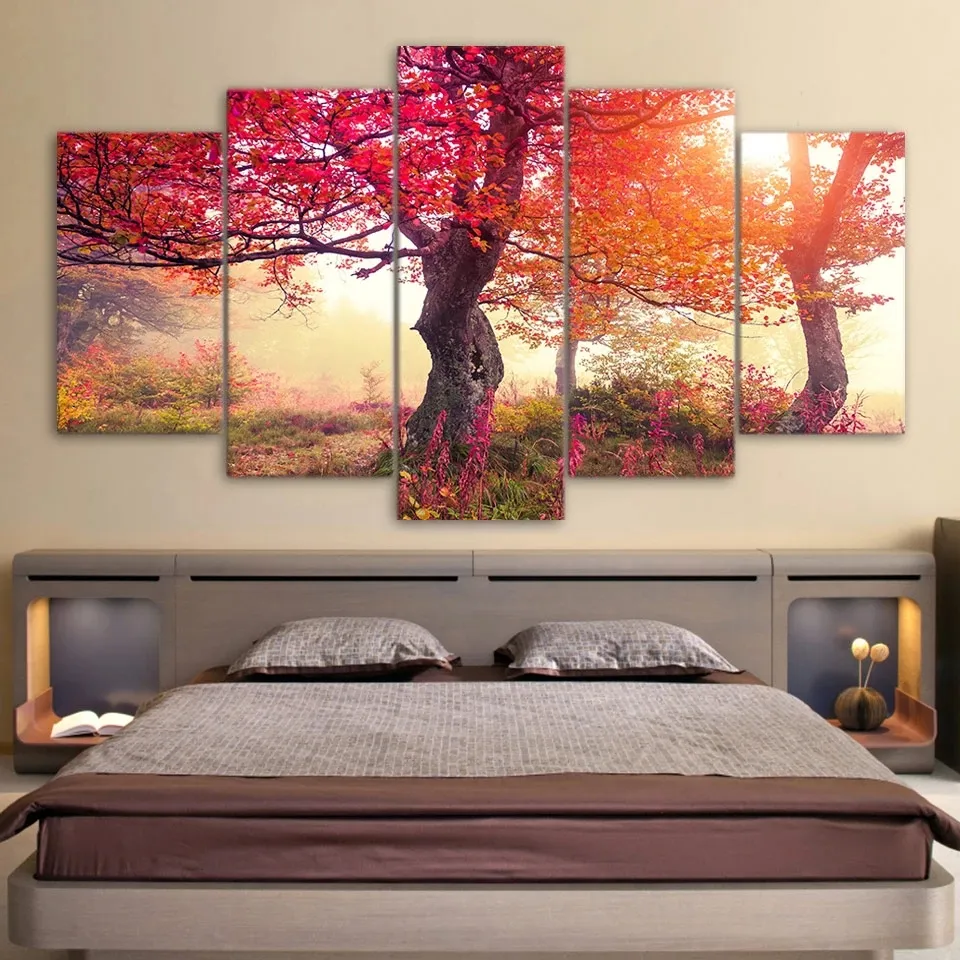 Very Beautiful 5 Panel Tree Artwork Home Decor Living Room Bedroom Wall Hanging Arts and Crafts Painting