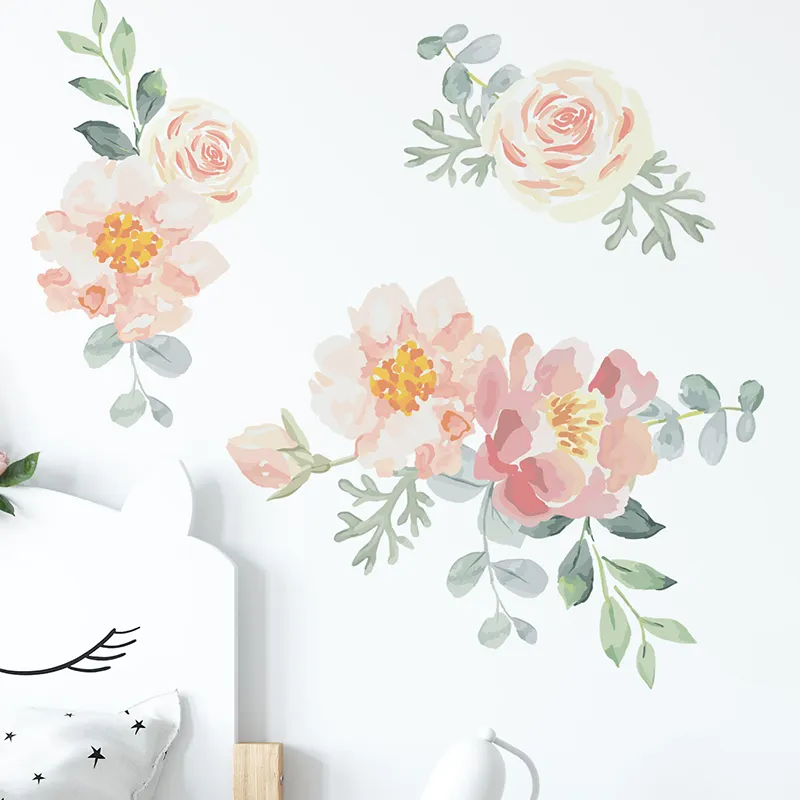 Self adhesive waterproof 3d floral Wall Stickers Decorative for Living Room and Bedroom Watercolor Peony Flowers Wall Decals