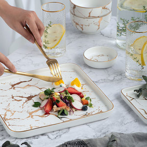 Nordic Tableware Marble Ceramic Dinnerware Plates Restaurant Matte Gold Rim Luxury <strong>Black</strong> White Square Steak <strong>Dinner</strong> Plates <strong>Set</strong> - Product Image 6