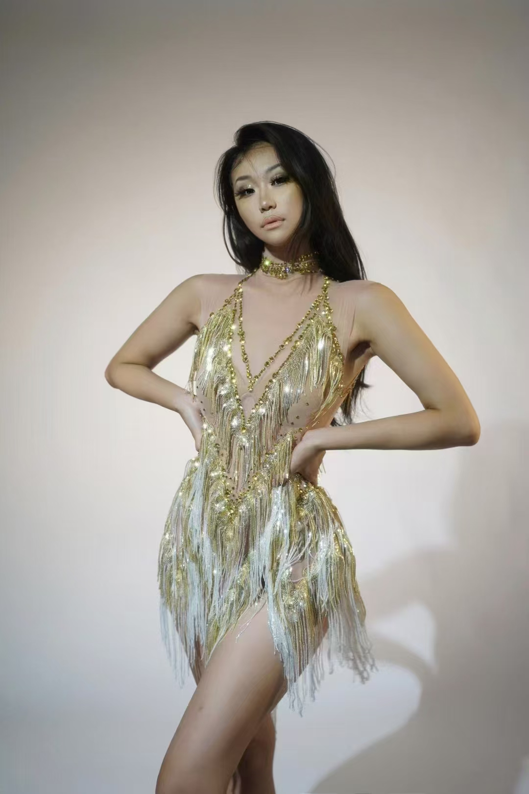 green emerald velvet dress Rhinestone Transparent Dress