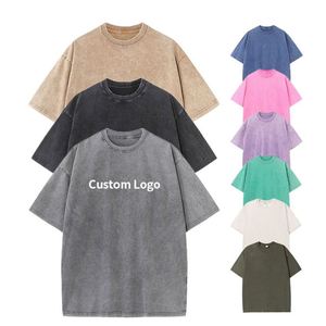 T-shirt Homme Délavé à l'Acide 100% Coton Coupe Oversize Vintage Streetwear Hip Hop Logo Personnalisé Effet Vieilli Uni Rétro Décontracté - Product Image 4
