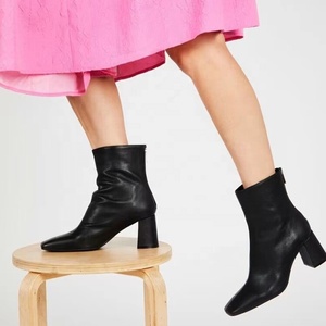 Bright Solid Color Women's Leather Short Boots Square Toe Back Zipper Ankle Booties 6cm Medium Chunky Heels <b>Shoes</b> - Product Image 2