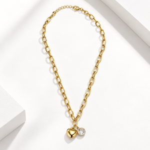 Collar con Zirconia en Forma de Corazón y Redonda, Acero Inoxidable, Chapado en Oro de 14K al Vacío, Cadena de Eslabones Ovalados, 49.5 + 9.5 cm, 9.7 g - Product Image 1