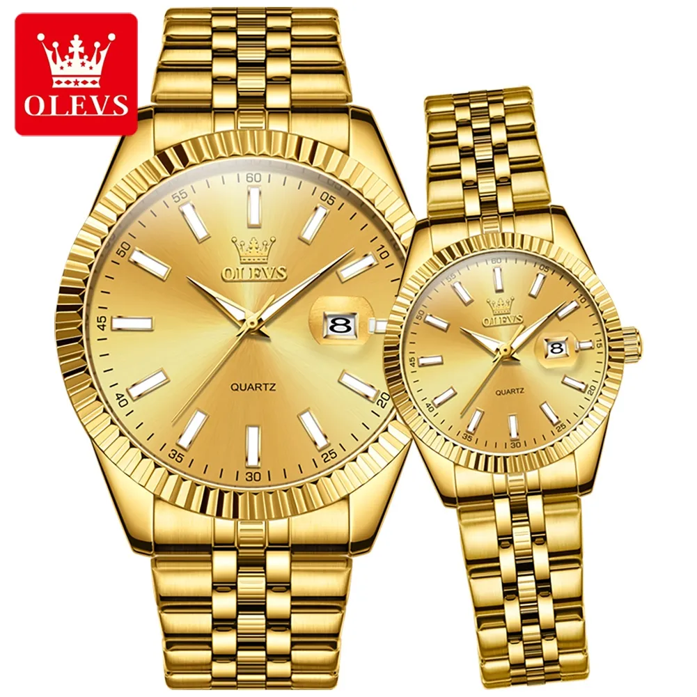 OLEVS jam tangan pasangan Pria Wanita, arloji bisnis mewah 5593 hadiah Valentine Set kalender minggu kuarsa