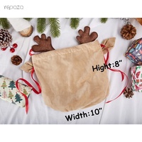 Sac de Noël en velours doux avec cordon de serrage, logo personnalisé brodé, de luxe, réutilisable, avec des bois de cerf, pour enfants et cadeaux
