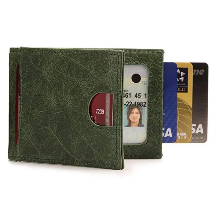 Green Leather Wallet Men's Slim Wallet Men And Women Leathers Wholesale Price Metal Money Clip Wallet