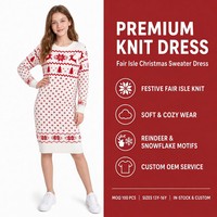Robe courte à col rond pour filles avec logo personnalisé, rouge et blanc, motif Fair Isle, manches longues, tricot en viscose mélangée, tendance automne-hiver