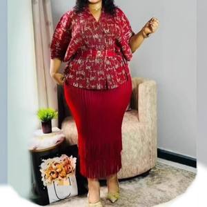 Women's African-inspired Pleated Print <b>Blazer</b>-collar Top Stamped Lettering Paired Tassel Skirt 2-piece <b>Set</b> Fashion - Product Image 2