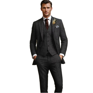 Costume de smoking classique 3 pièces pour homme, col mandarin, simple boutonnage, en laine tweed, coupe ajustée, pour mariage, affaires, bal de promo, blazer, gilet et pantalon - Product Image 2