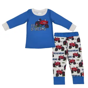 Atacado Toddler Kids Farm Blue Outfit Sleepwear Baby Boy Tratores Mangas Compridas Pullover Camisas Crianças Calças Conjuntos Pijama