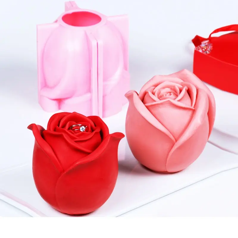 3DローズキャンドルモールドDIY石膏装飾品バレンタインデーチョコレート中空サンドブラストケーキフラワーシリコンモールド