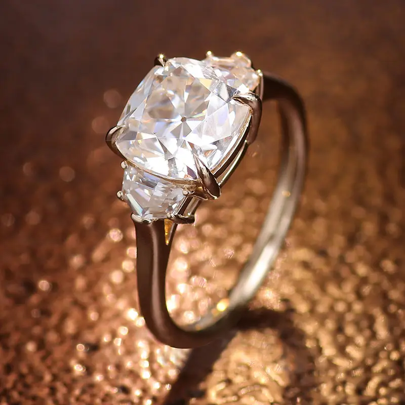Custom Jewelry Elongated Cushion And Cadillac Cut Diamond Moissanite Engagement Ring VVS Three Stone
