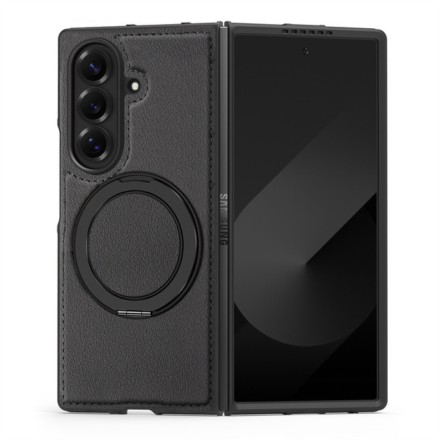 360 Rotating Aluminum Folding Kickstand PU Leather Phone Case for Samsung Galaxy Z Fold 7 6 5 4 Wireless Charging Magnetic Cover