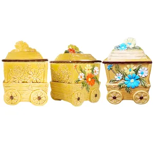 Custom kitchenware chic decor vendor wagon shaped yellow flower cart ceramic canisters set