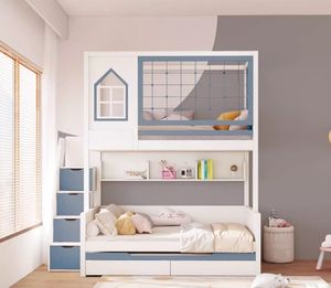 Toda la barandilla alta de madera maciza, litera escalonada arriba/<span class=keywords><strong>abajo</strong></span> <span class=keywords><strong>con</strong></span> árboles altos/bajos, cama <span class=keywords><strong>con</strong></span> <span class=keywords><strong>escritorio</strong></span> y armario, cama ancha arriba para niños - Product Image 4