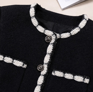 Giacca da <span class=keywords><strong>donna</strong></span> in <span class=keywords><strong>tweed</strong></span> 100% lana double-face, blazer corto con collo rotondo e bordi colorati per il commuting - Product Image 4