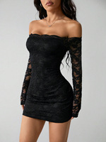 Robe mini noire en dentelle pour femme, épaules dénudées, manches longues, moulante, coupe ajustée, sexy, pour club, soirée, sortie, robe tendance