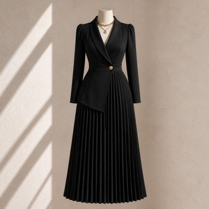 Robe longue plissée en maille à col châ<span class=keywords><strong>le</strong></span> élégante et romantique pour femme, à manches longues, coupe trapèze, unie, idéale pour <span class=keywords><strong>le</strong></span> bureau, les occasions professionnelles, les soirées et les mariages - Product Image 3